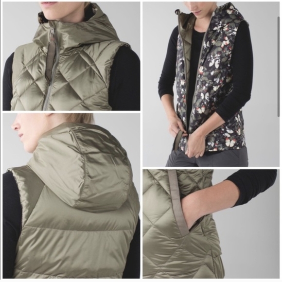 Lululemon | The Fluffiest Reversible Down Vest Olive Green Butterflies Size 2 - Picture 6 of 16